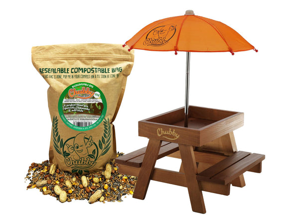 Chubby Wooden Squirrel Picnic Table Feeder & 2Kg Food Bundle